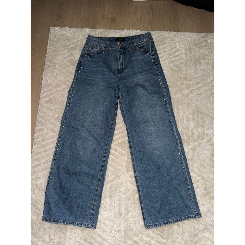 House of Harlow 1960 Blue Stud-Trim Wide-Leg Jeans